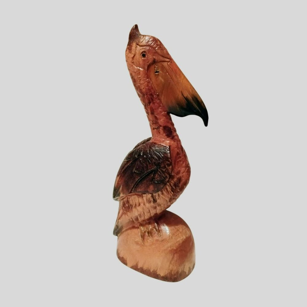 Hand Crafted Wooden Pelican Sculpture in Brown and Black